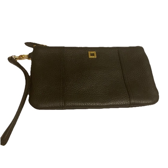 Lodis Handbags - LODIS Logo Pebble Black Leather Zipper Wristlet  Clutch with Gold Accents.